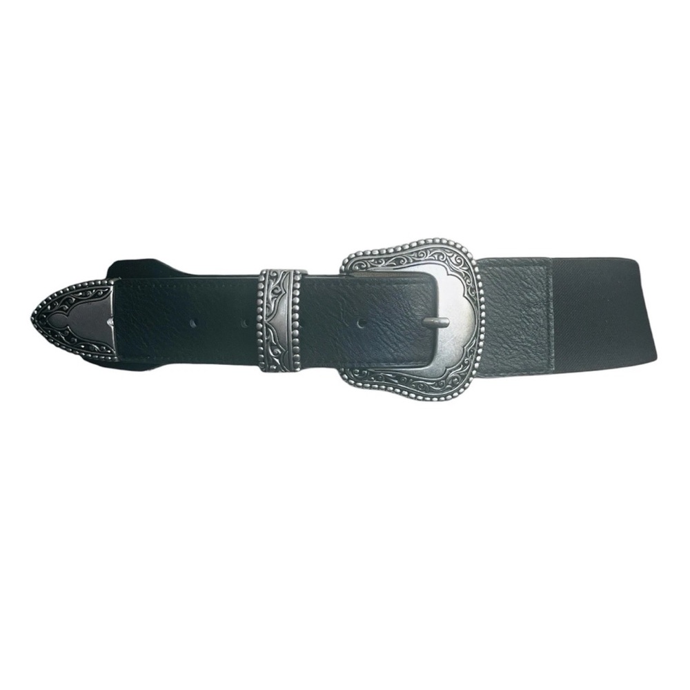 Vince Camuto Western Buckle Belt Size L/XL Black/Silver Coastal Cowgirl Stretch